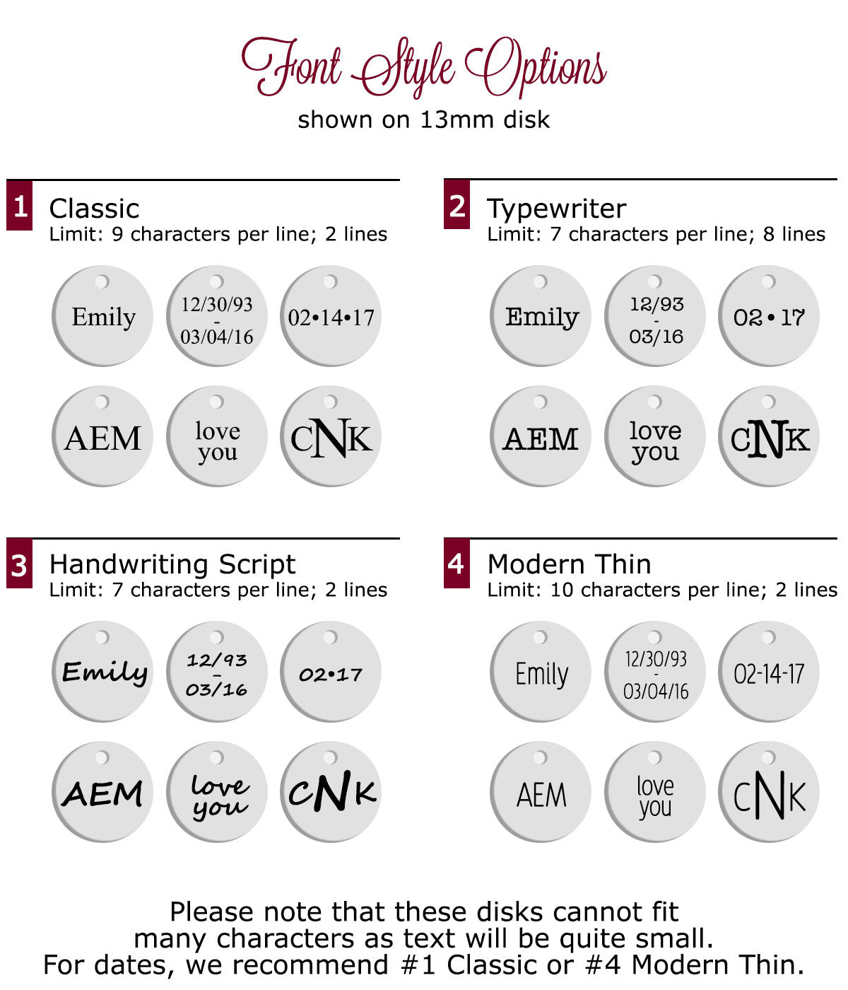 Font style options for the small 13mm engraved disk are classic, typewriter, script or modern thin. Engrave your child's name on one side and a dates or a short message on the back.