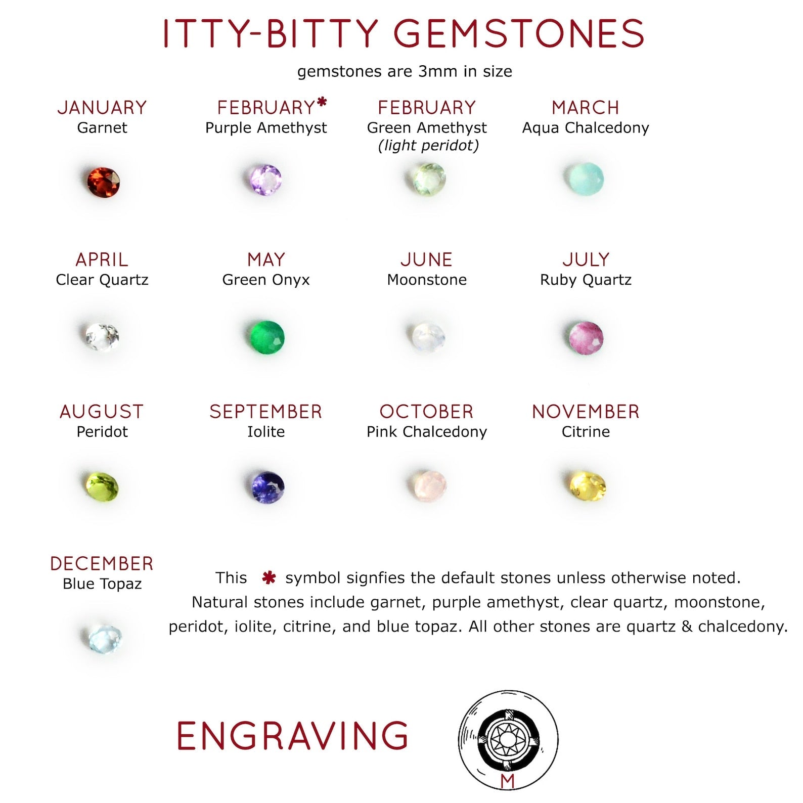 Gemstone options for pendants -Garnet, Purple and Green Amethyst, Aqua Chalcedony, Clear Quartz, Green Onyx, Moonstone, Ruby, Peridot, Iolite, Pink Chalcedony, Citrine, Blue Topaz. Optional Engraving for Custom Initial on the bottom of pendant