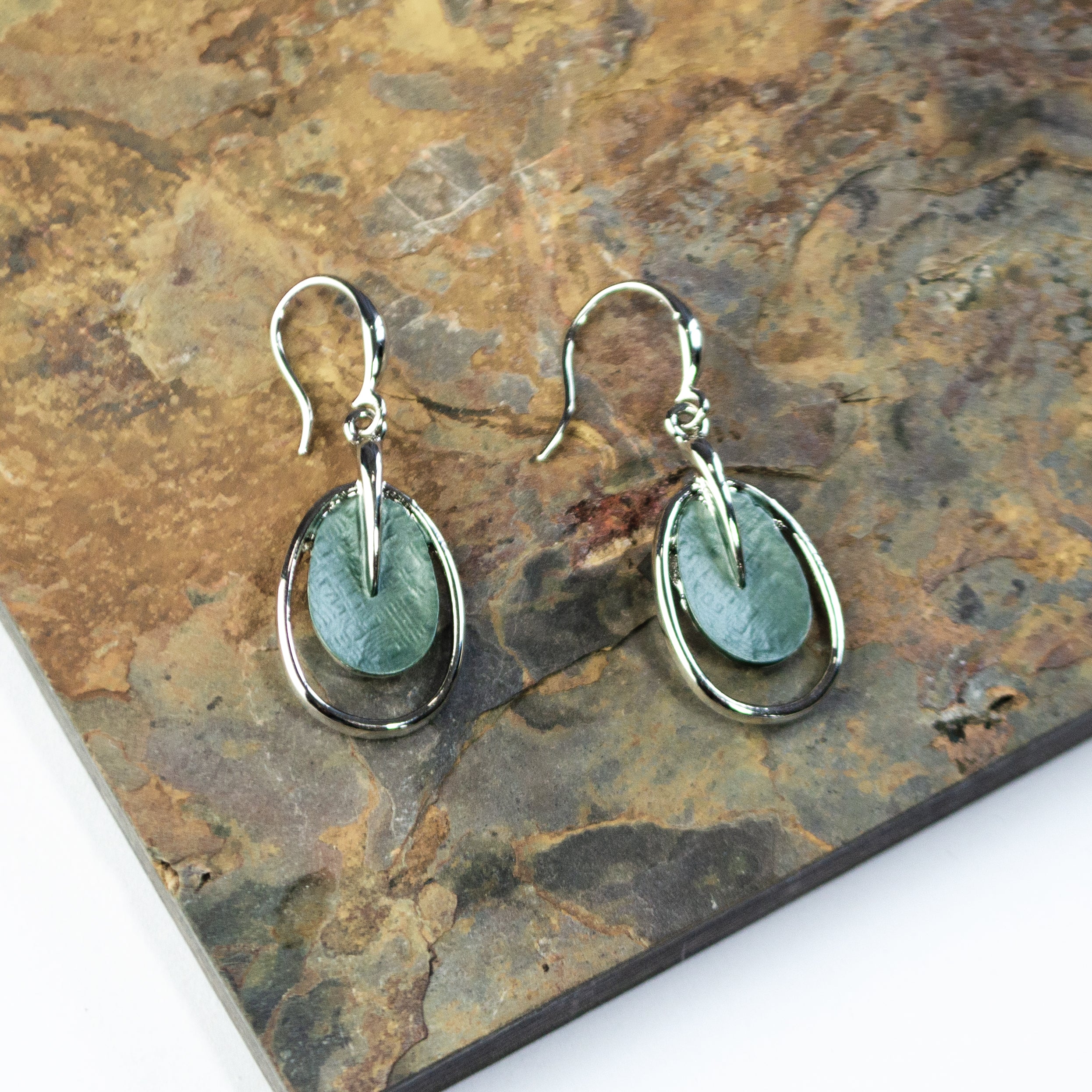 Boho Style Double Oval Earrings, Silver & Green