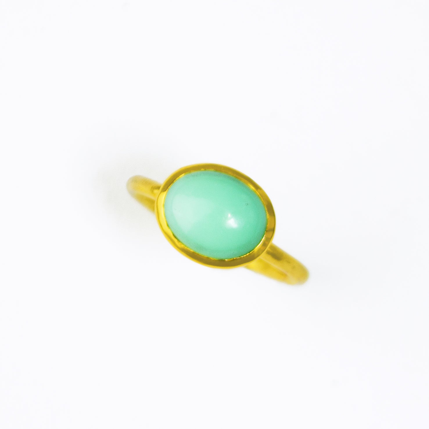 Dainty Gold Large Oval Stacking Ring Bezel Set with Mint-Green Chrysoprase on a white background. Heart Healing Gemstone Ring, Spiritual Healing Gemstone, Minimalist Chrysoprase Ring for Her