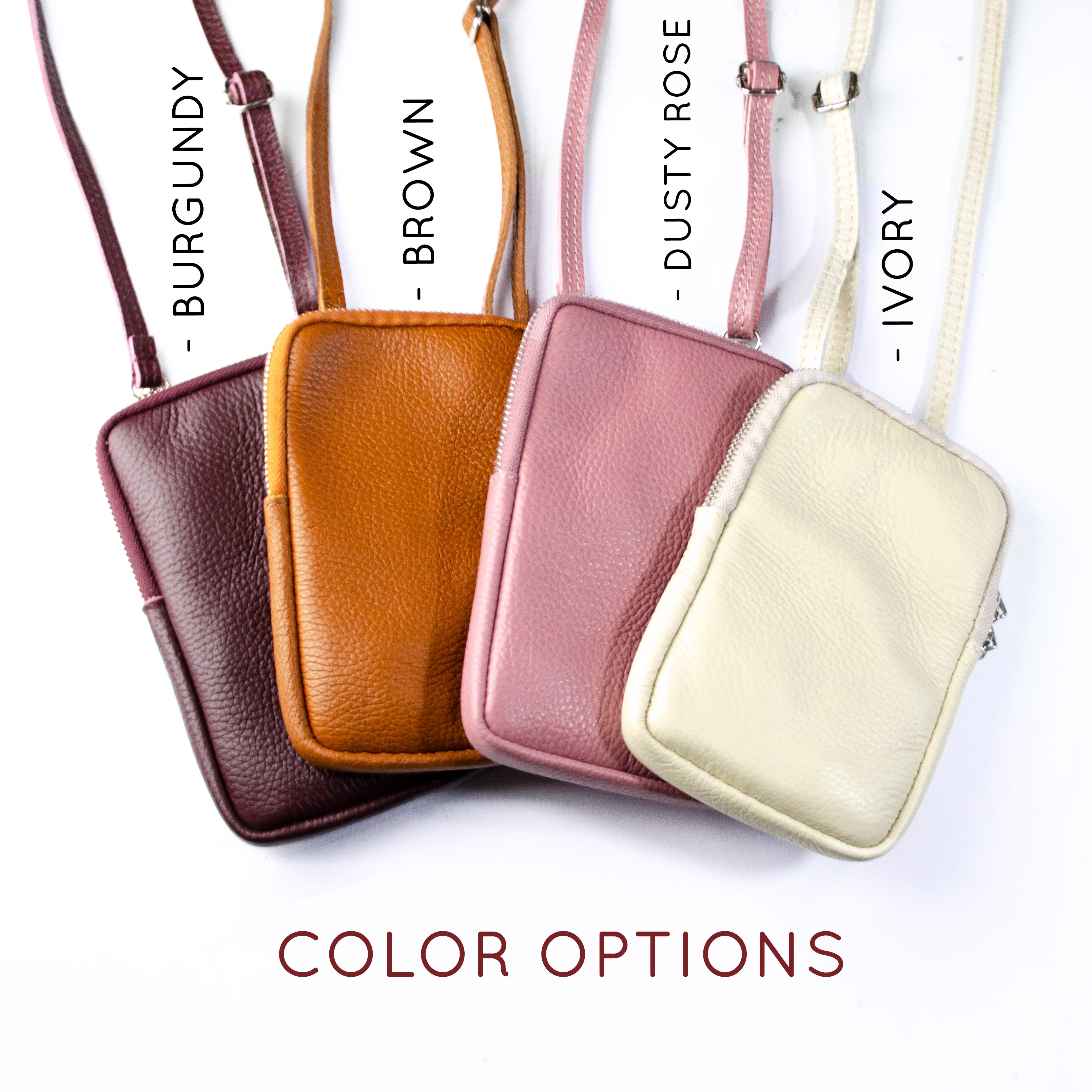 Genuine leather bag color options come in burgundy, brown, dusty rose and ivory.