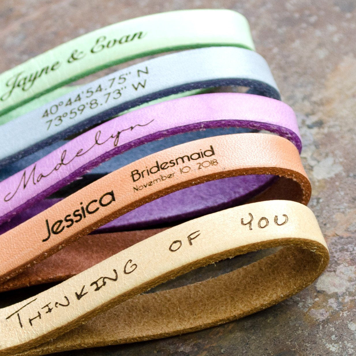 Five Italian leather custom keychains with personal handwriting, bridesmaids gift, coordinates and couples name