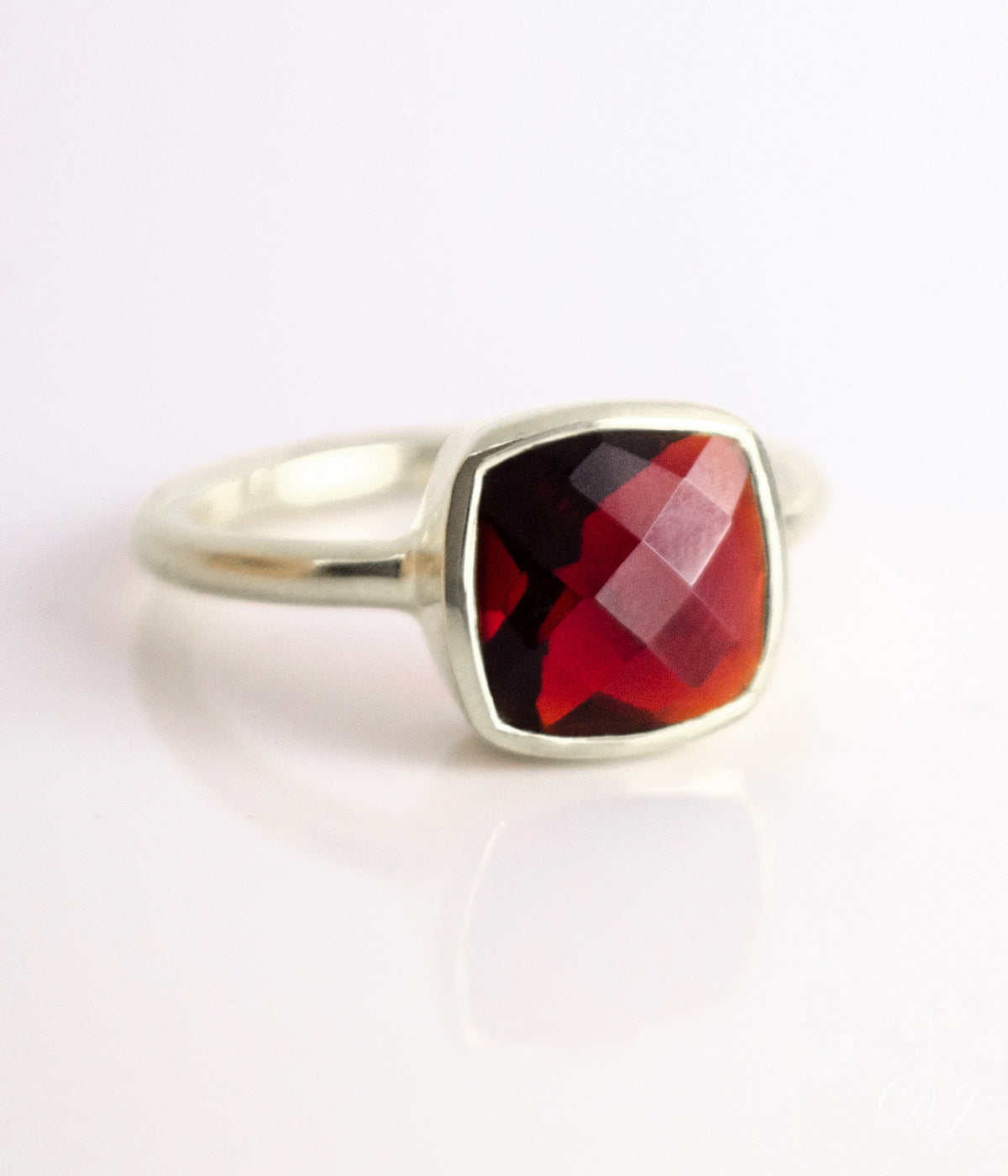 Garnet Cushion Bezel Set Ring : January Birthstone