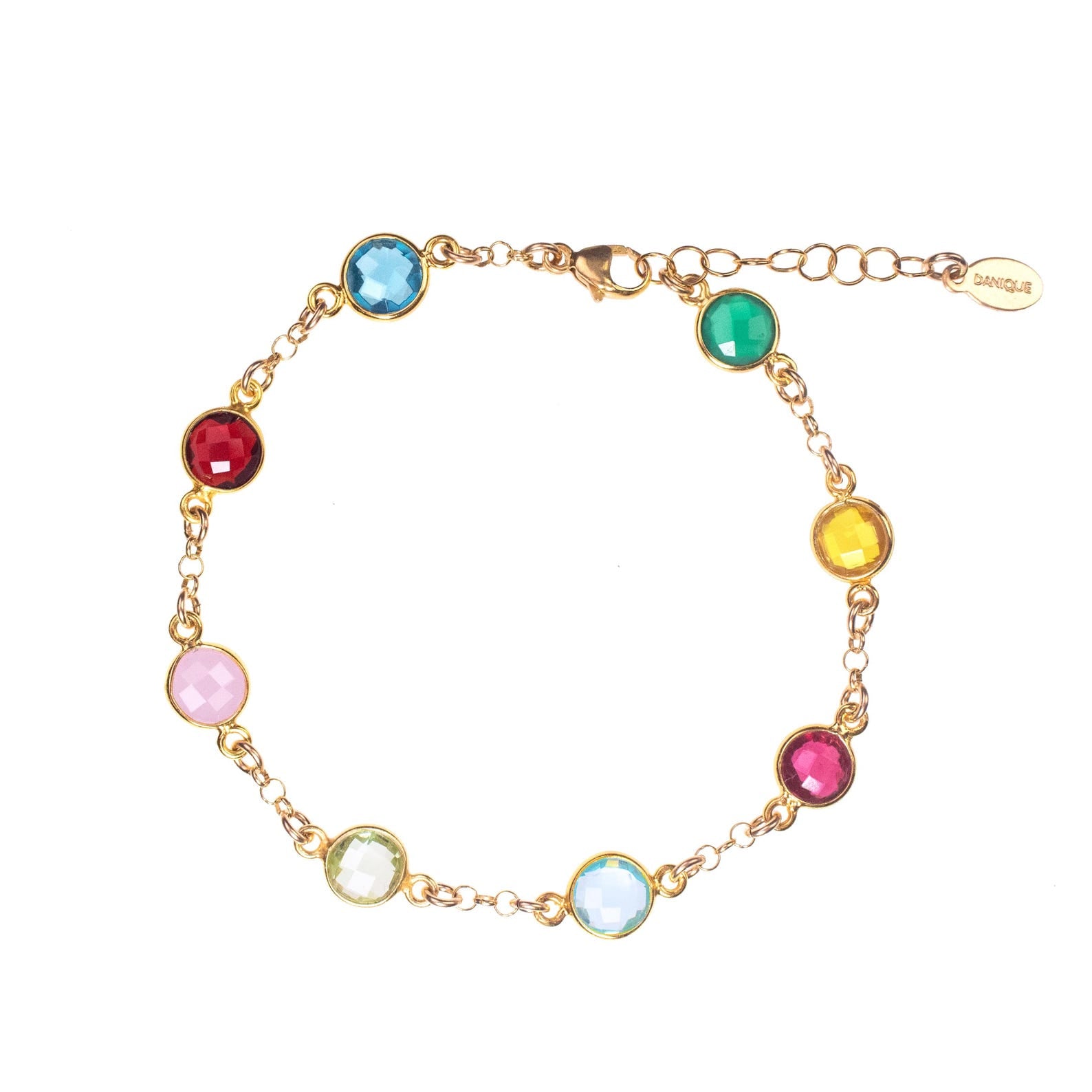 Gold filled station bracelet friendship bracelet taylor swift inspired music lover. Side view with eight gemstones including kyanite, garnet, pink chalcedony, peridot, blue topaz, ruby, citrine and green onyx. Birthstone bracelet, birthstone jewelry