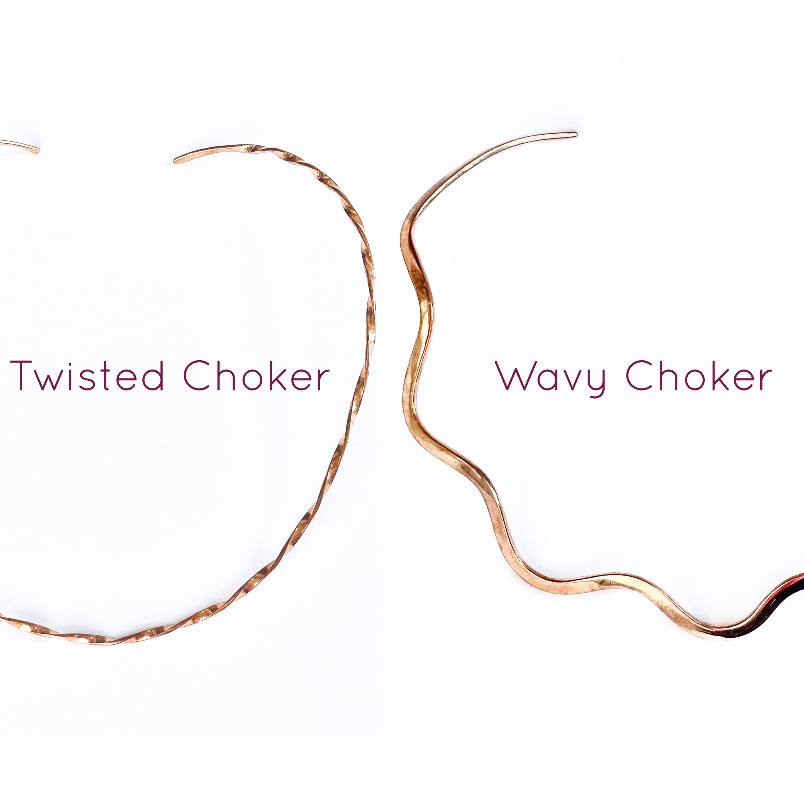 Two Choker options for Necklace include a twisted copper wire choker and a copper wire choker made to look wavy