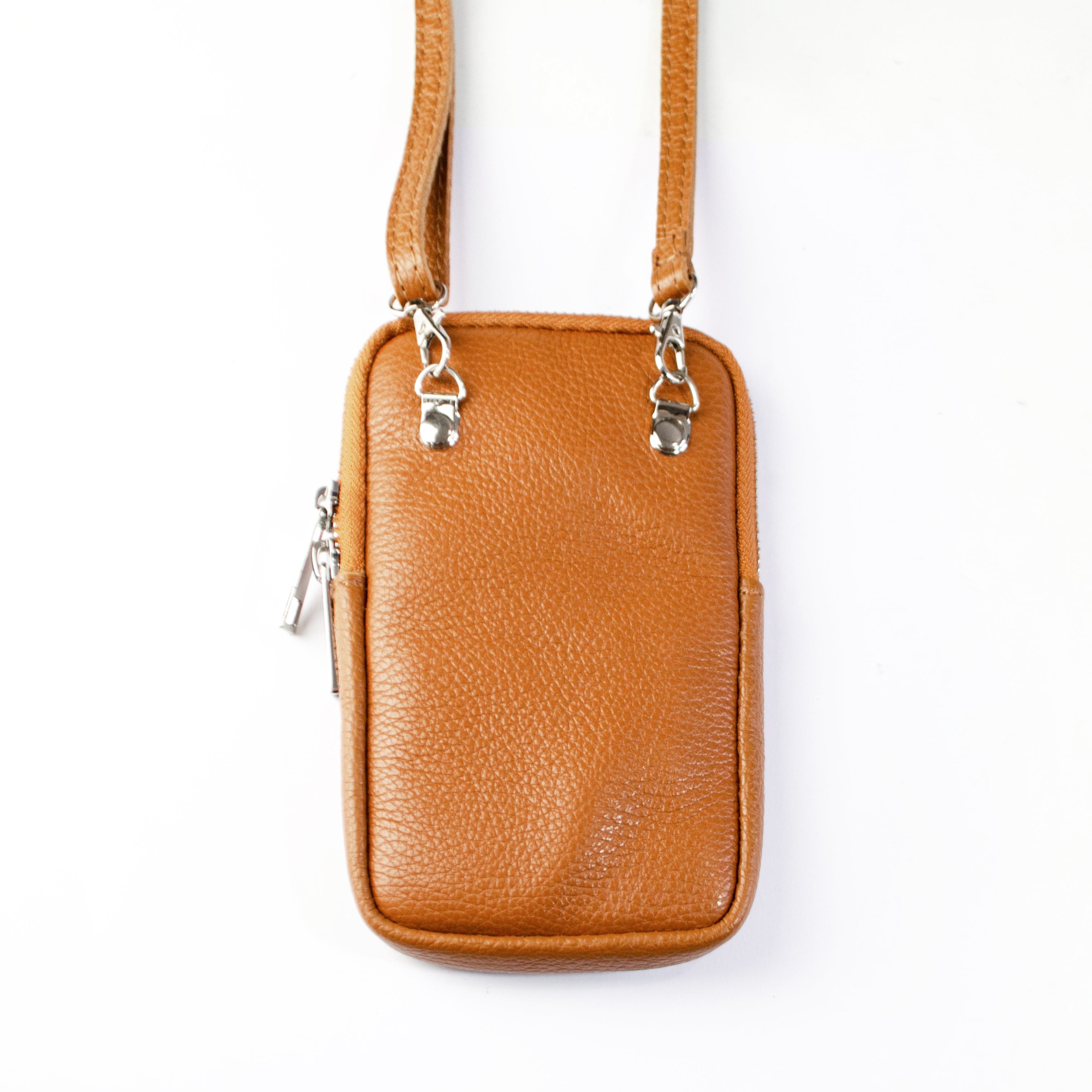 Genuine leather phone bag in brown, bag of the bag with adjustable strap.