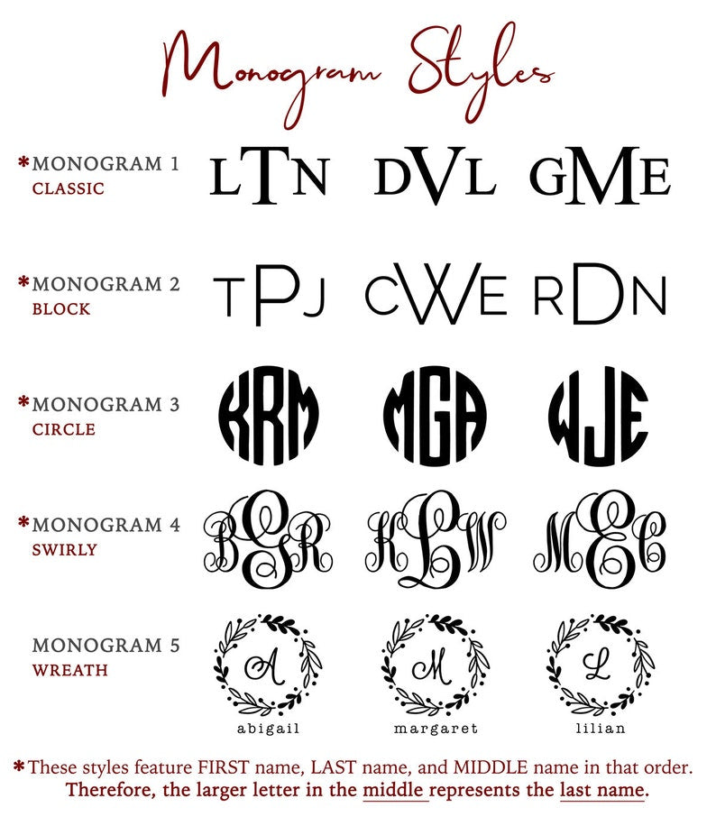 This image shows our 5 monogram style options we have available. The monogram options available are Classic, Block, Circle, Swirly and Wreath. Each of these styles features the person's initials. With so many styles to pick from, you can match the style of engraving to your personality! 