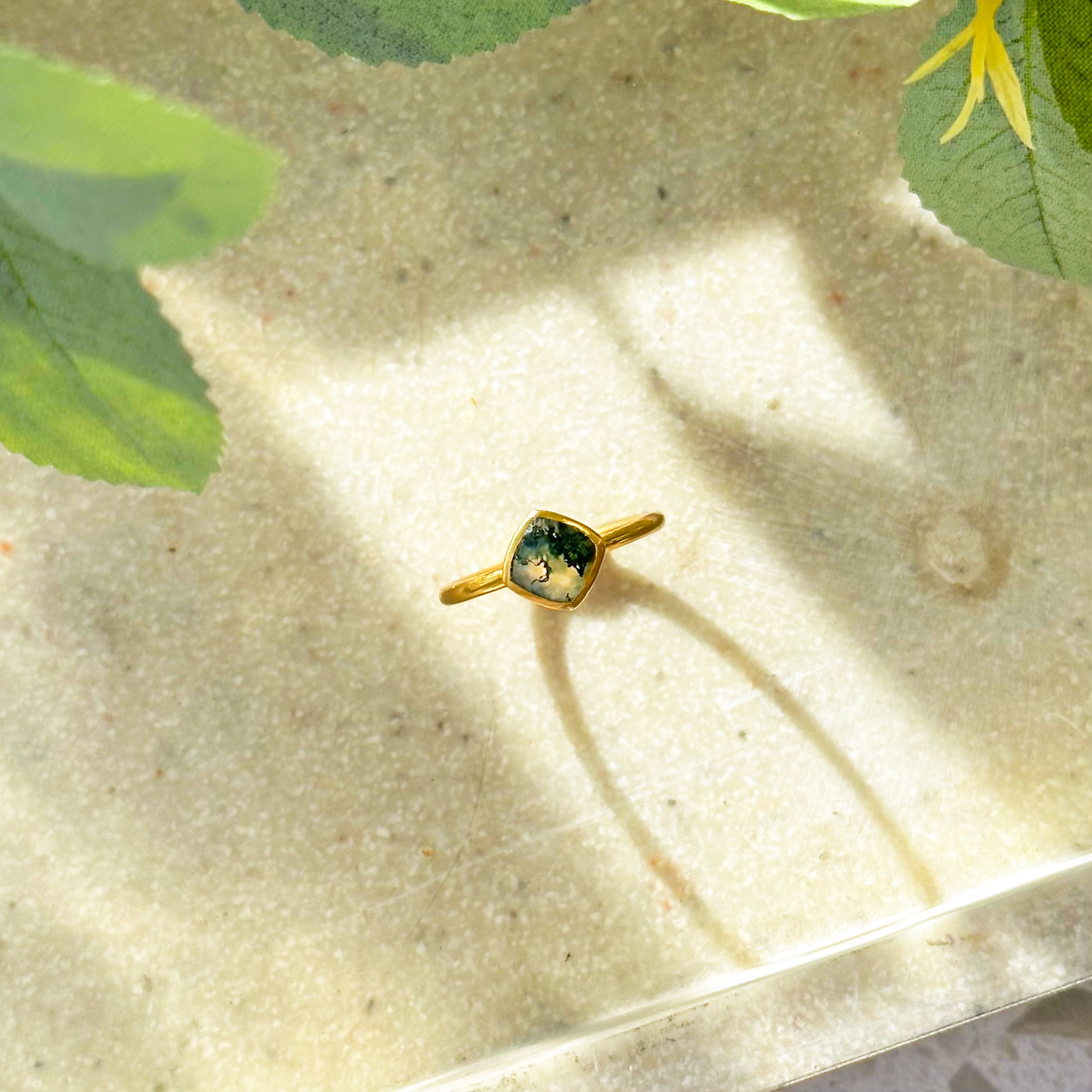 Diamond Shape Moss Agate Stacking Ring | August Birthstone, Custom diamond birthstone ring for mom, Sterling Silver, 18k Gold Vermeil Gemstone Ring