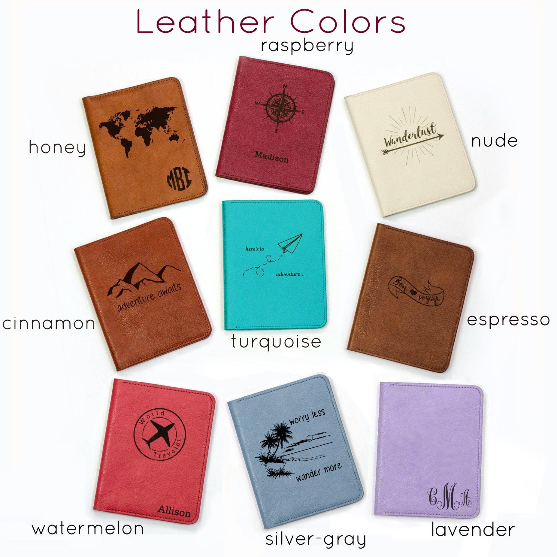 Multiple Passport Sleeve colors are shown against a white background. From top  to bottom, starting at the upper left, the colors available are Honey, Cinnamon, Watermelon, Raspberry, Turquoise, Silver-Gray, Nude, Espresso, and Lavender.