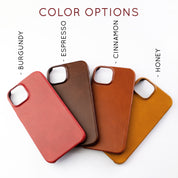 We have four beautiful leather colors available for this phone case. In order, the phone cases show burgundy, espresso, cinnamon, and honey. Personalized leather gift for him, personalized leather gift for her, engraved personalized gift