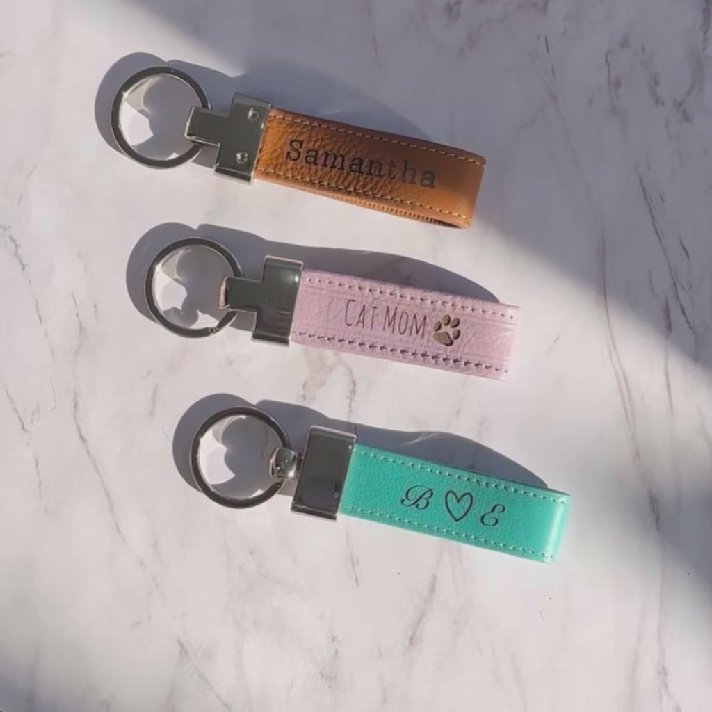 custom leather loop key chain gifts with special date, dog mom, cat mom, turquoise, both sides engravable 