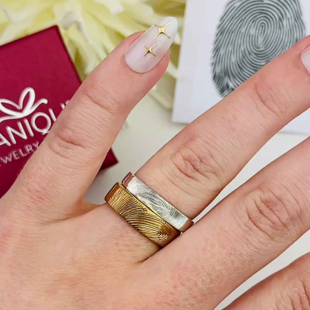 A videoof Custom engraved ring, thin band, sterling silver stacking ring, gold vermeil jewelry, rose gold minimalist ring, personalized coordinates, fingerprint , name engraving, shiny modern ring, Roman numerals, custom gift