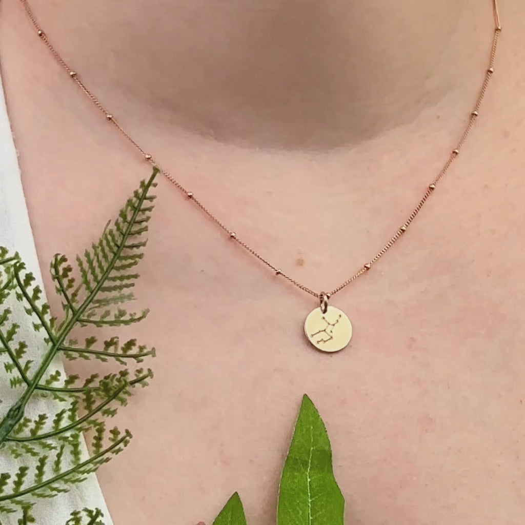 A video of monogram disc necklace engraved with a constellation. Pendant: Aries, Taurus, Gemini, Cancer, Leo, Virgo, Libra, Scorpio, Sagittarius, Capricorn, Aquarius and Pisces in Yellow, Rose gold or in sterling silver. Custom State necklace, name necklaces for mom. Ready for gift giving in Danique Jewelry Branded Box.