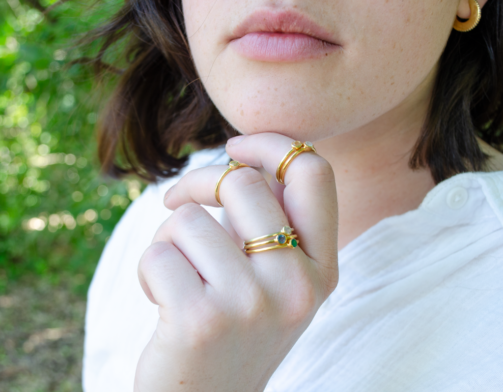 Personalized tiny birthstone round gemstone rings garnet purple amethyst peridot citrine birthstones vermeil gold plating. Wear them alone of stack them on the same finger