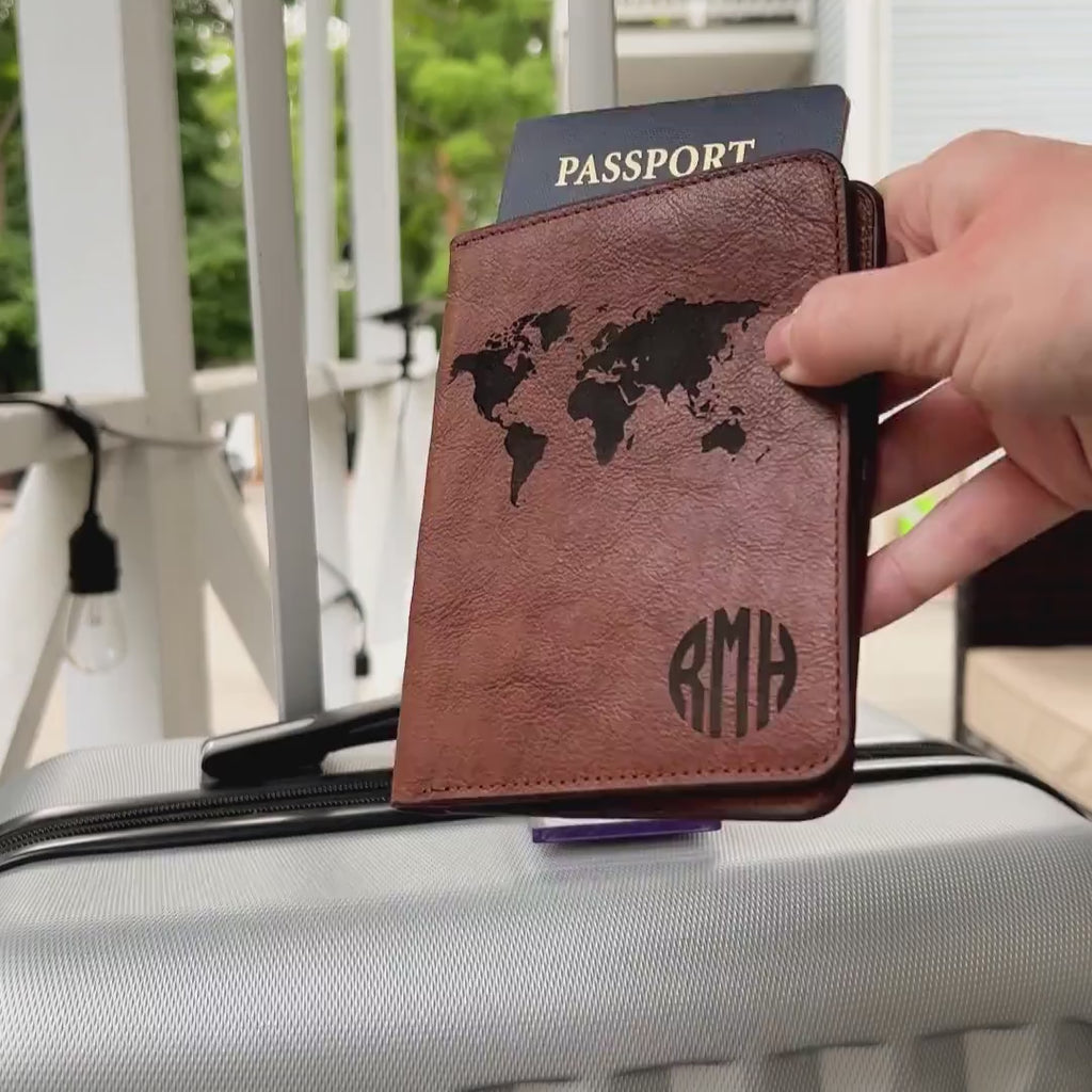 Video of genuine leather engraved passport holders being used to hold a passport while traveling, showing that the passport holder can be engraved on the front, inside, and back, and comes in multiple colors.