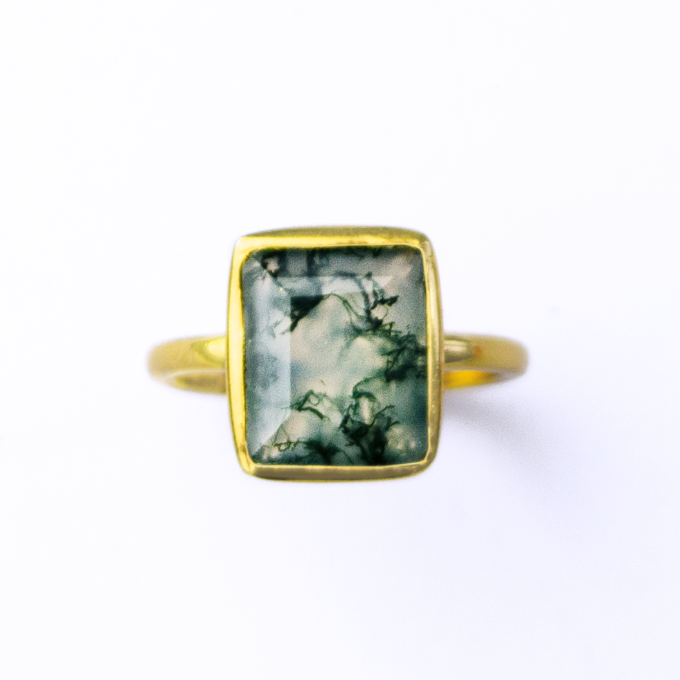 Vermeil Gold Large Rectangle Moss Agate Ring on a white background. Mossy Green Gemstone Ring, Tranquility Healing Crystal Gemstone, New Beginnings Gemstone, Birthday Gift for Her, Large Rectangle Statement Ring, Natural Gemstone Ring