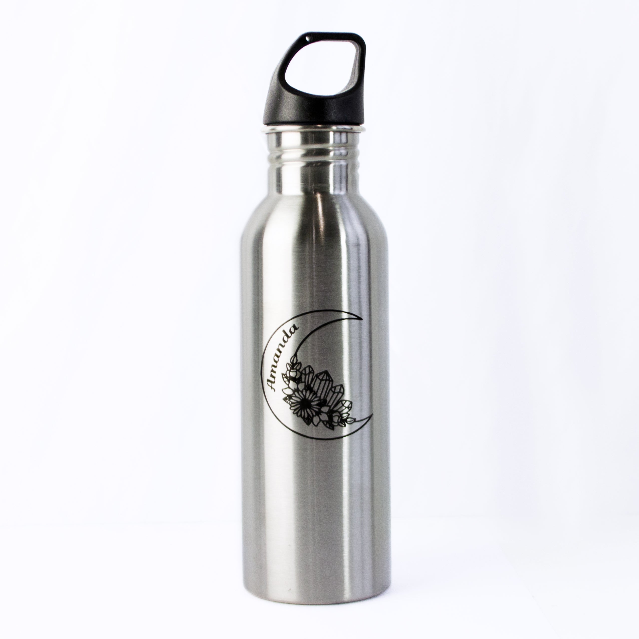 A stainless steel bottle with a name/moon engraving sits on a white background. This is the perfect custom gift for runner wife, custom gift for husband, personalized men’s gifts, gift for marathon runner, custom water bottle