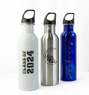 Three bottles in white, stainless and blue steel sit against a white background. Each is engraved with personalization, engraved names, logos, and a graduation engraving. Personalized engraved water bottles, custom water bottle for hockey player