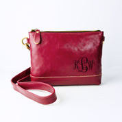 Raspberry Magenta Red Crossbody Purse with Removable Strap Engraved with a Cursive Swirly Custom Monogram. Genuine Leather Purse for Her, Custom Gifts for Women, Personalized Crossbody Bag.