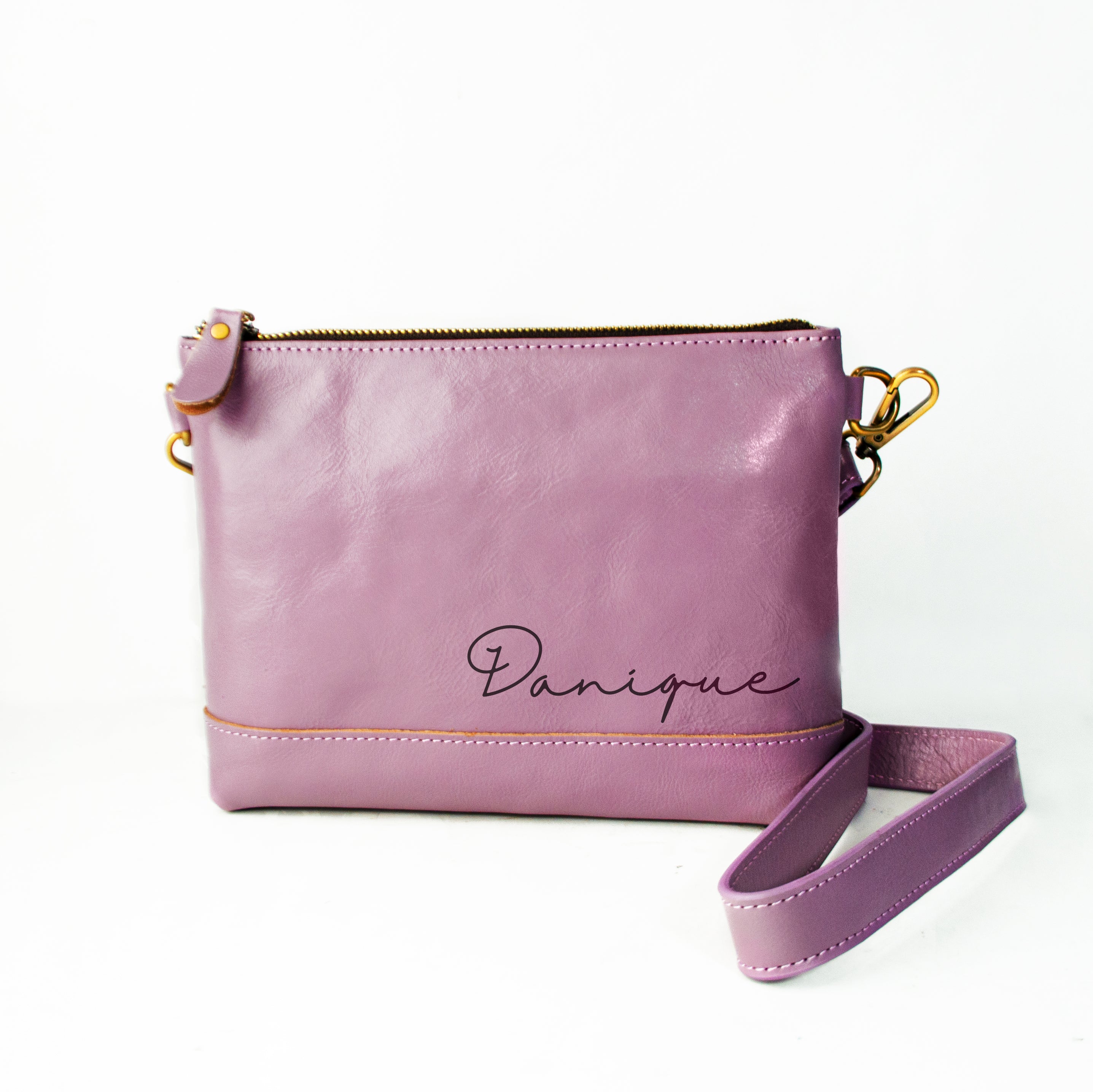 Lavender Light Purple Crossbody Bag Engraved in Cursive Font Name. Genuine Leather Purse for Daughter or  Niece. Customized Leather Purse for Her.