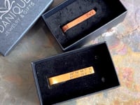 Personalized wooden and metal tie clip with custom engraving laser engraving text engraving or actual handwriting ready for gift giving in Danique Jewelry branded box make a very special gift for dad, husband, boyfriend or grandpa.