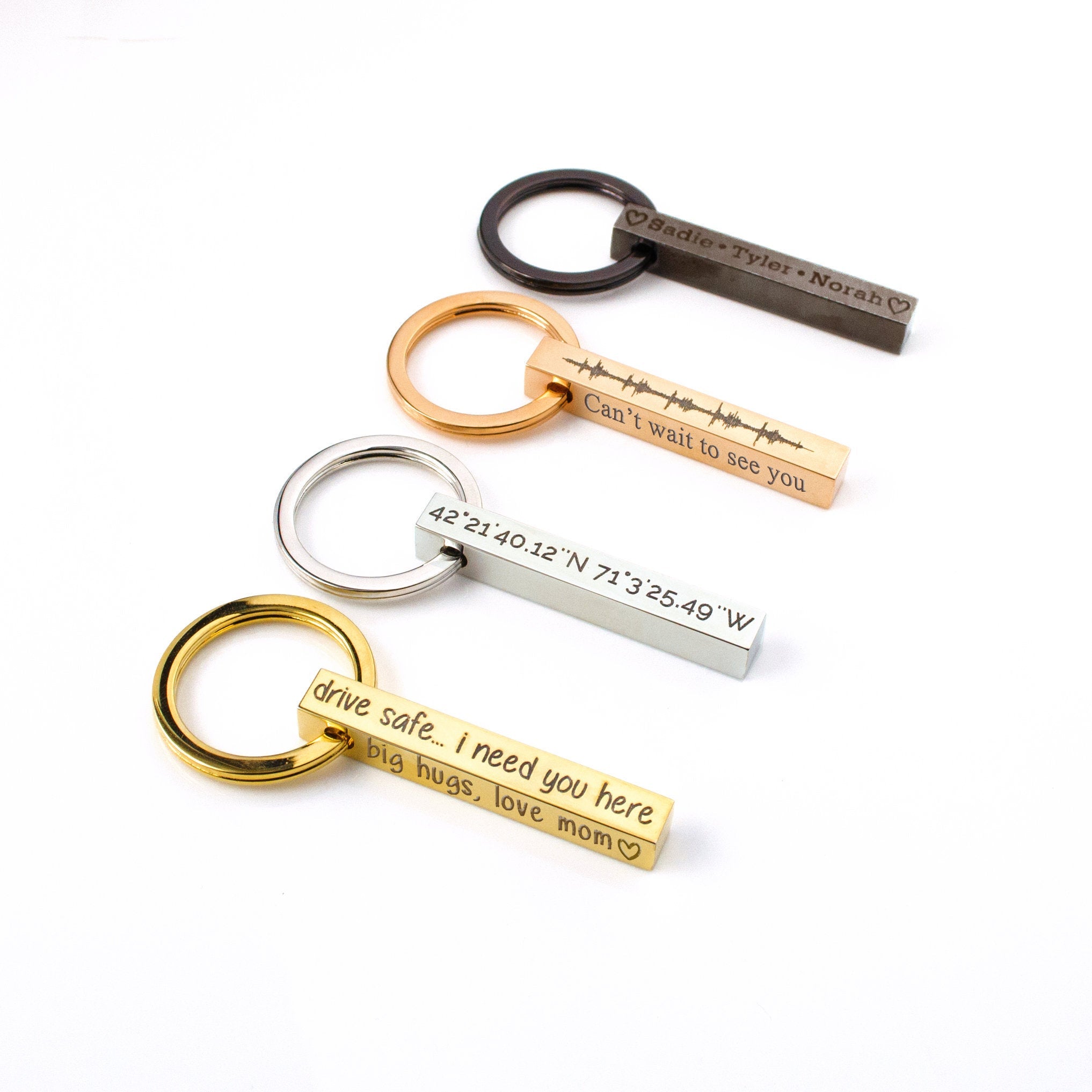 White Background 4 Sided 3D Bar Keychains Yellow Gold Silver Rose Gold Black Personalized Engraving Custom Bar Keyring