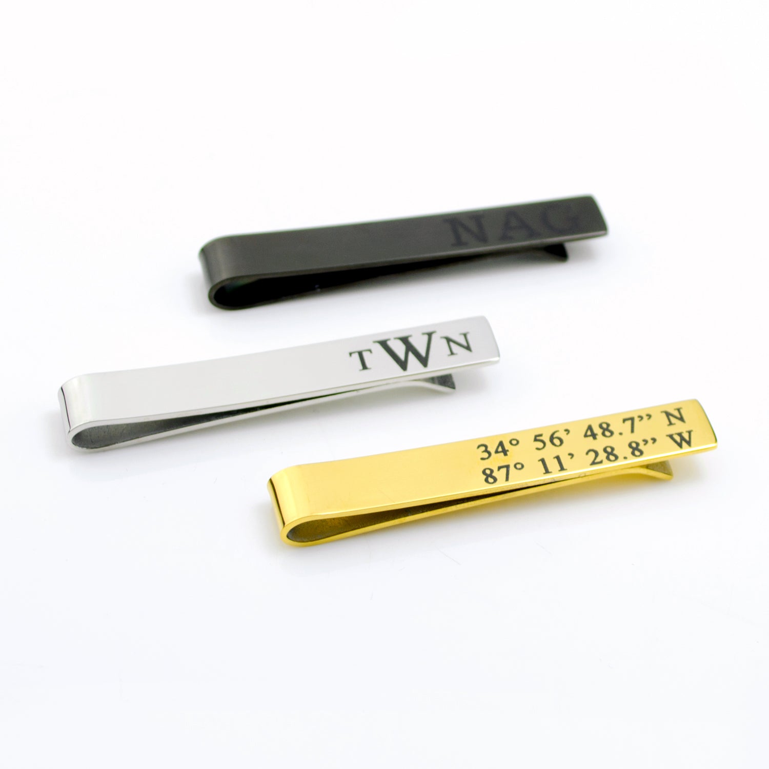 Personalized metal tie clip with custom engraving laser engraving text engraving or actual handwriting ready for gift giving in Danique Jewelry branded box make a very special gift for dad, husband, boyfriend or grandpa.