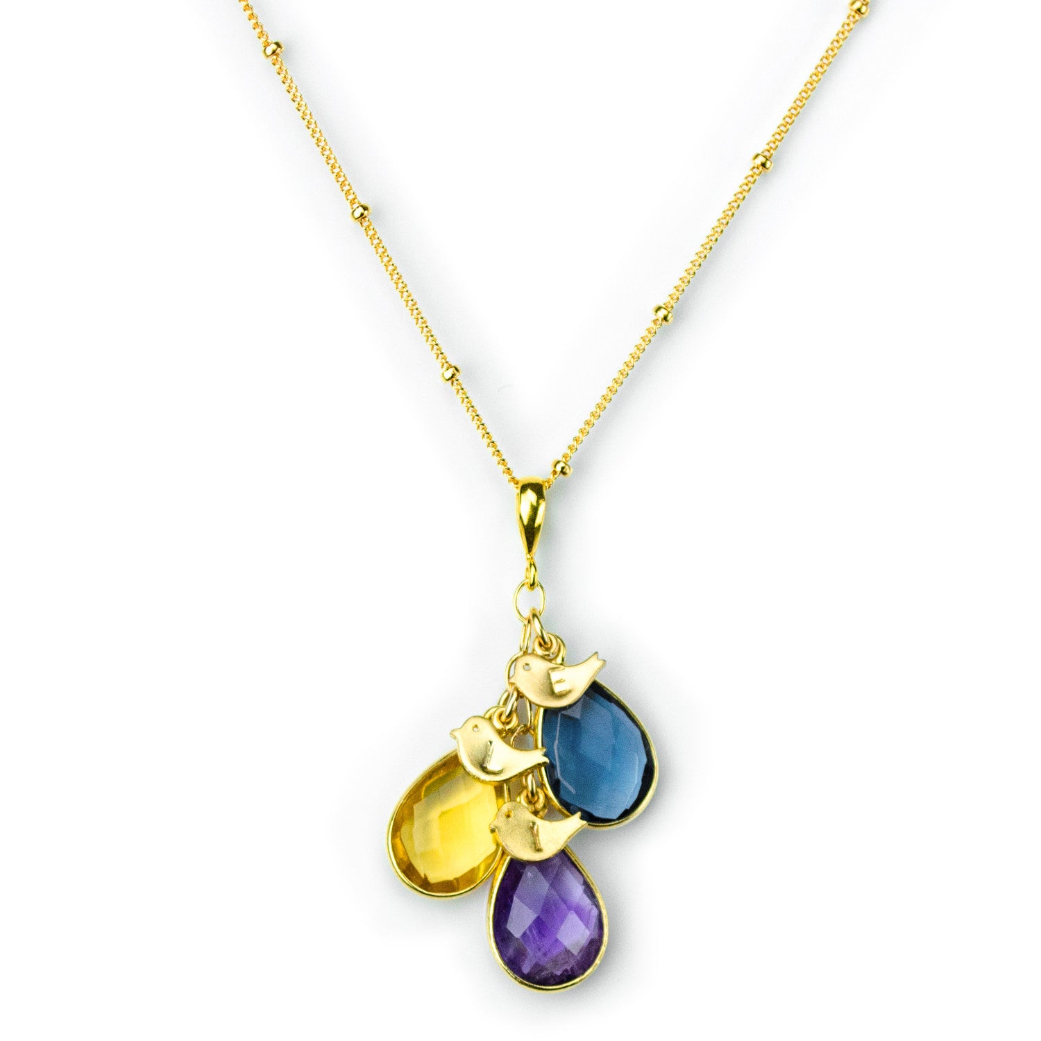 gold cascade necklace satellite chain baby bird initial charms kyanite citrine purple amethyst gemstones