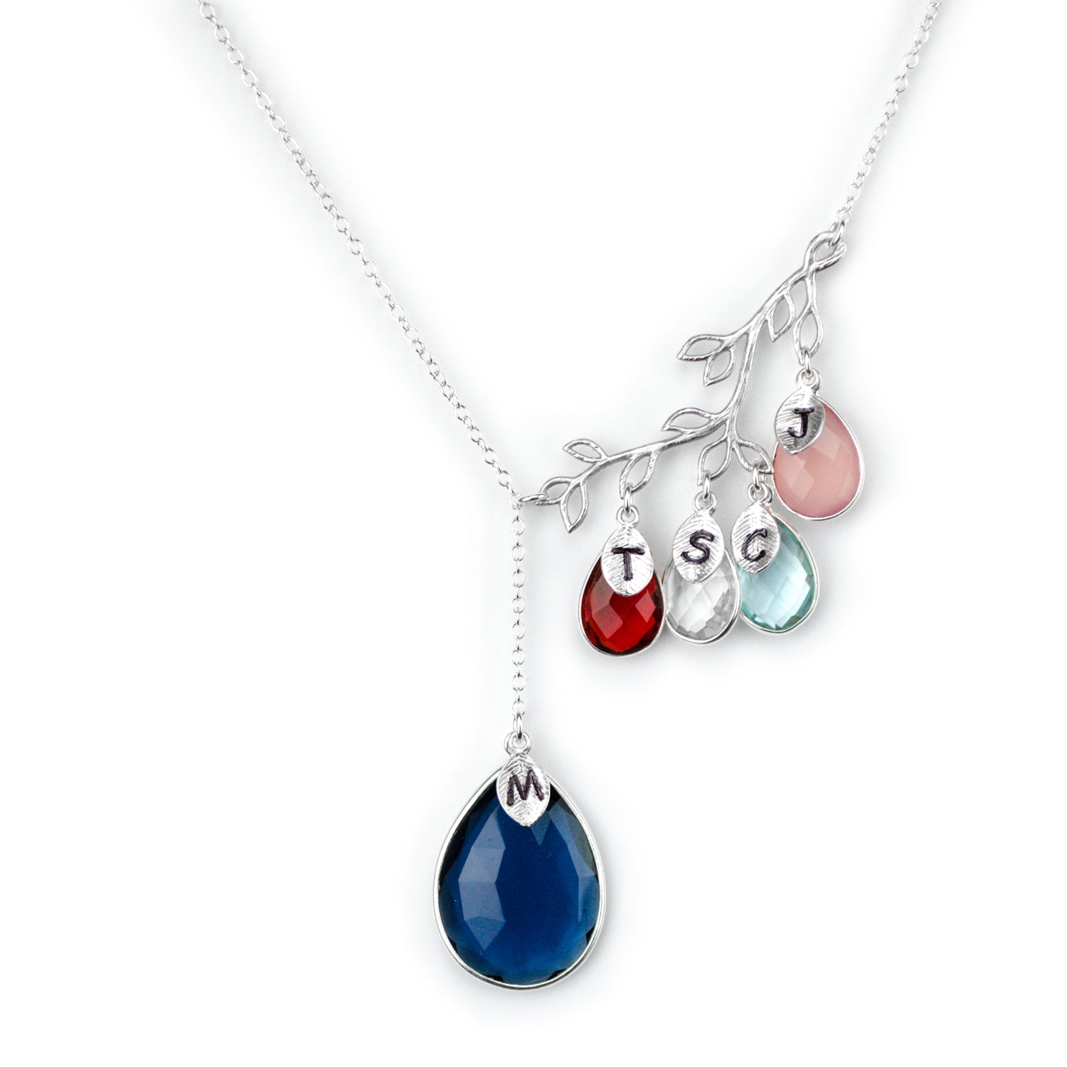 Lariat Style Family Branch Necklace with Mother's and Children's Birthstones and Initials