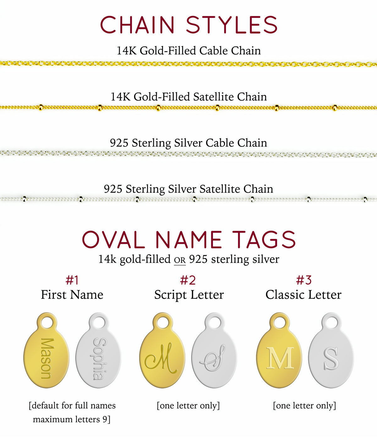 Chain style example with gold filled and sterling silver cable and satellite chains. Oval name tags with full name in script or classic initial