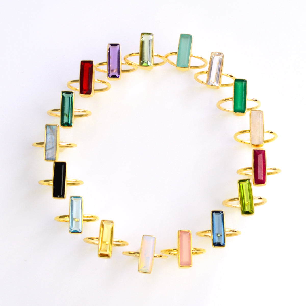 A circle of gemstone bar rings, personalized gold crystal gemstone rings, birthstone gemstone rings, custom bar ring, purple crystal ring, blue crystal ring, green crystal ring, yellow crystal ring, red crystal ring, pink crystal ring