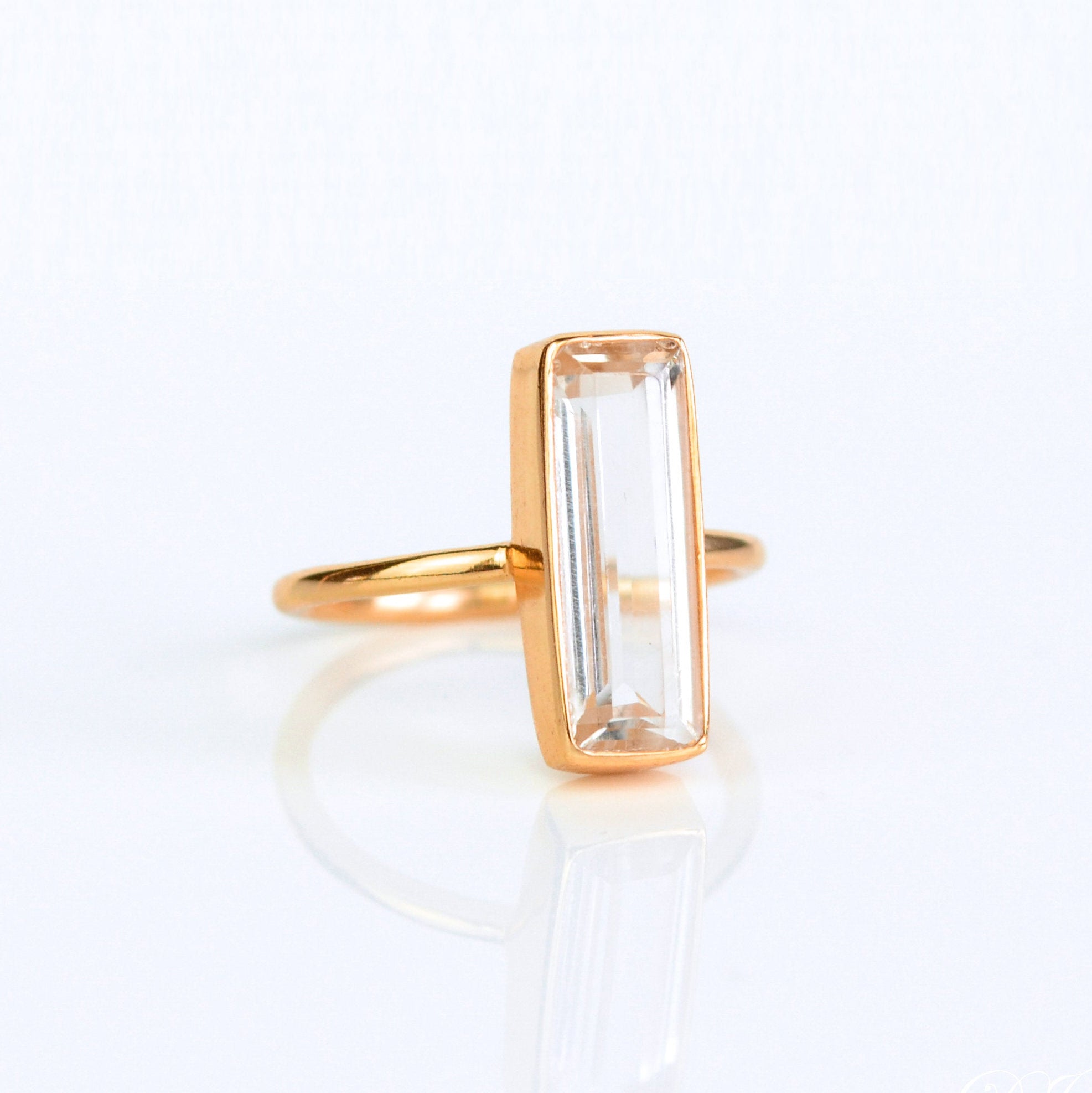 Personalized clear quartz rose gold ring, gemstone clear crystal gemstone ring, personalized gemstone ring, custom bar ring, unique april birthstone ring