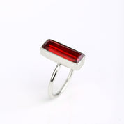 A sterling silver garnet bar ring. Garnet gemstone ring, bar style jewelry, handmade garnet ring, deep red stone, garnet and gold band, minimalist garnet ring, January birthstone, artisanal gemstone jewelry, garnet in silver, bohemian ring, stacking garnet ring, elegant garnet jewelry