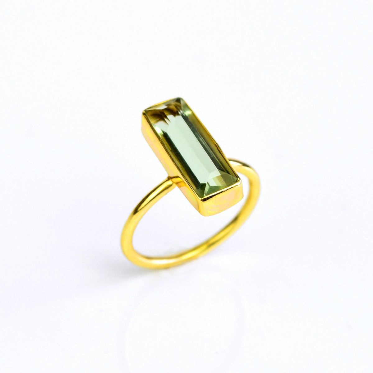 A gold green amethyst ring. Green amethyst bar ring, February birthstone jewelry, handcrafted gemstone ring, light green quartz, minimalist amethyst ring, green amethyst in gold, silver amethyst ring, boho style, artisan green amethyst, stacking gemstone ring, unique green quartz ring