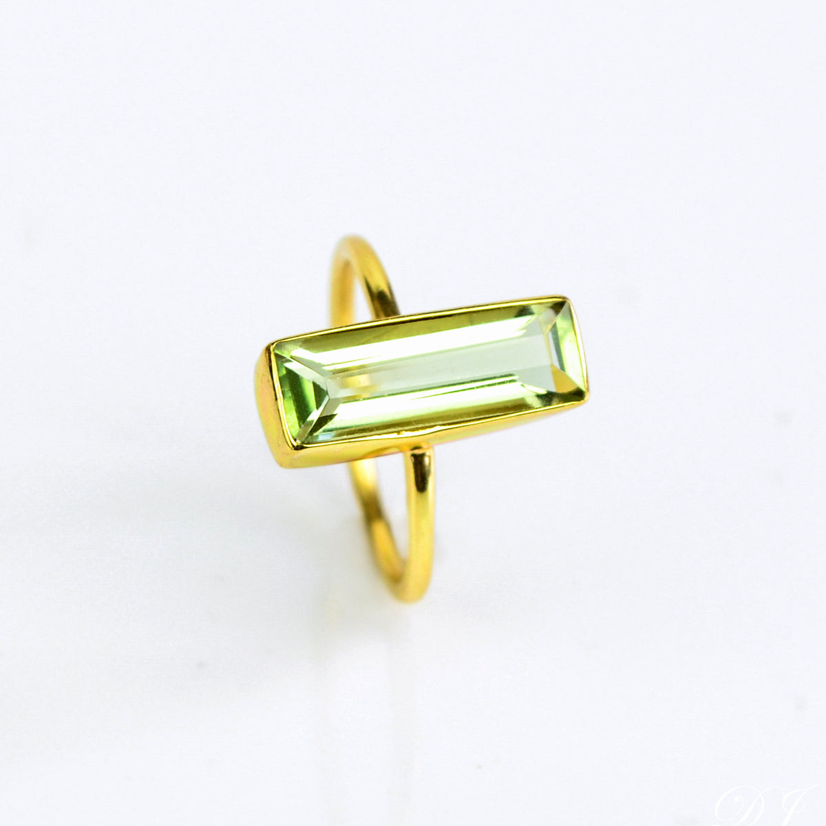 A gold Green amethyst ring, bar style gemstone jewelry, handcrafted February birthstone, light green amethyst, minimalist green quartz ring, gold amethyst ring, silver green amethyst band, boho chic, artisanal gemstone ring, stacking green amethyst jewelry