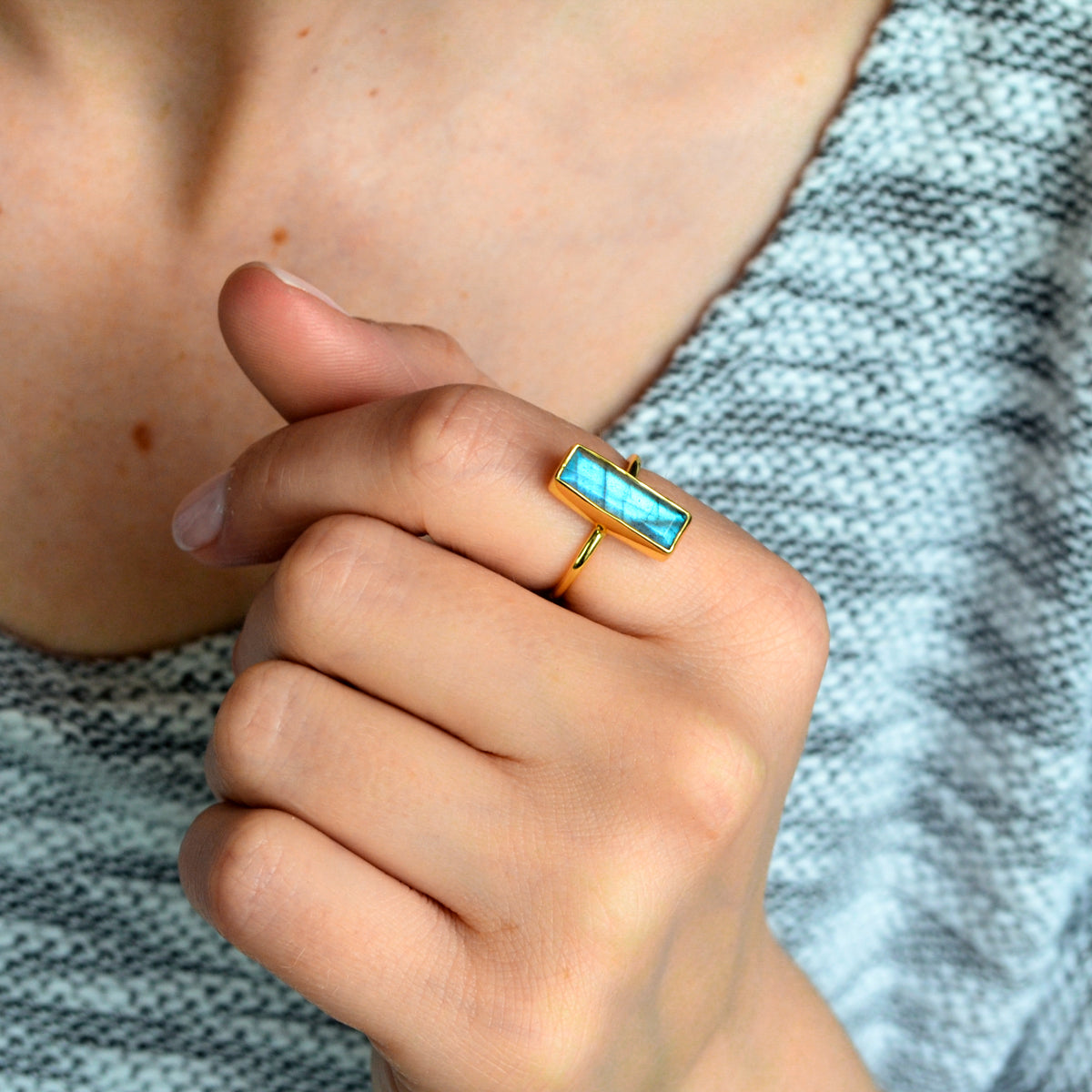 Labradorite ring, iridescent gemstone jewelry, unique Labradorite bar ring, minimalist design, shimmering labradorite, bezel-set gemstone, Adira Series ring, eye-catching labradorite jewelry, stylish iridescent ring, elegant labradorite accessory