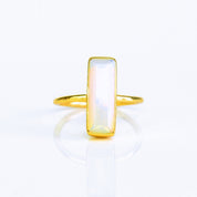 Natural Opalite jewelry, iridescent gemstone ring, bar style Opalite, minimalist Opalite ring, bezel-set stone, Adira Series, unique iridescent design, October birthstone alternative, eye-catching Opalite ring, elegant jewelry, stylish accessory