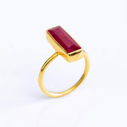 Red Ruby gemstone bar ring, July birthstone alternative, rich red Ruby, unique minimalist design, bezel-set Ruby, Adira Series, stylish red jewelry, elegant Ruby ring, eye-catching gemstone, fashion-forward Ruby