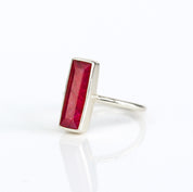 Natural Ruby jewelry, July birthstone ring, vibrant red Ruby bar style, minimalist design, bezel-set gemstone, Adira Series, unique red jewelry, eye-catching Ruby ring, elegant accessory, stylish gemstone