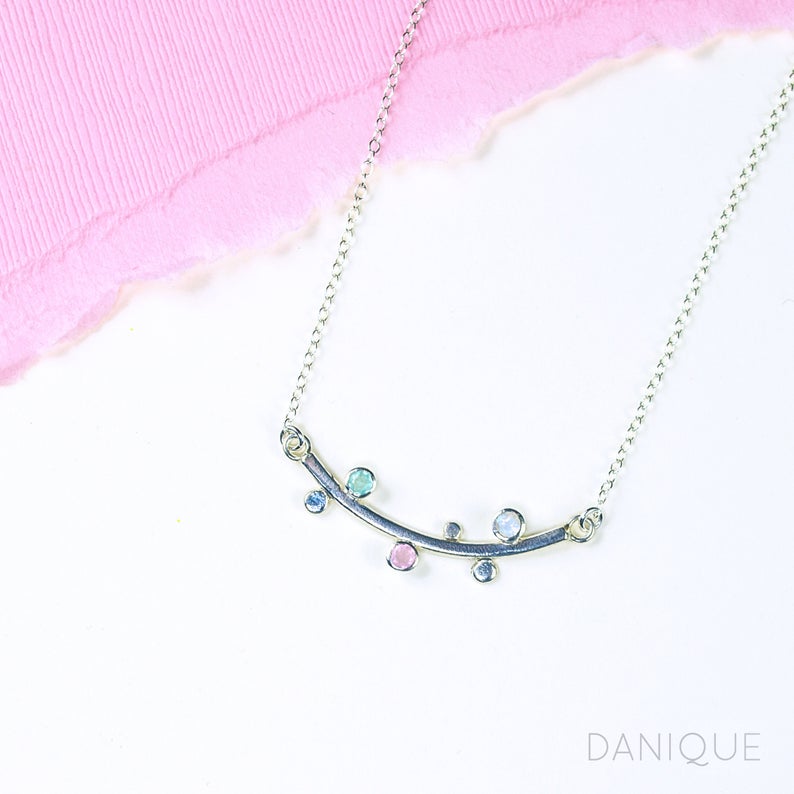 Mom Curved Bar Necklace with Kids Birthstones