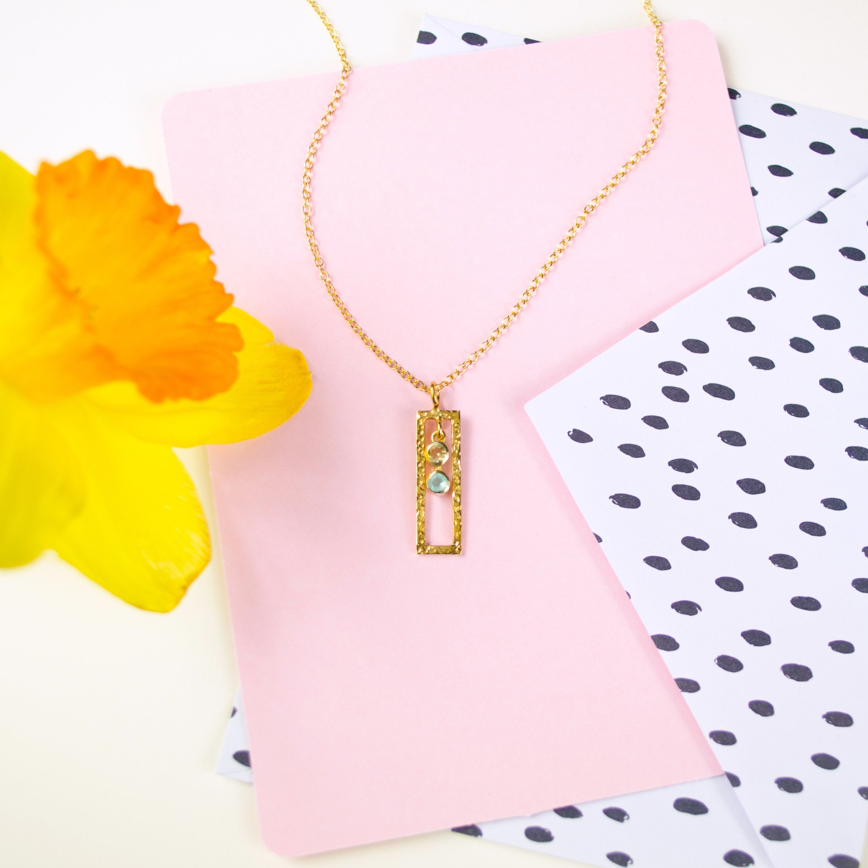 Mothers Birthstone Bar Necklace with Open Frame Pendant