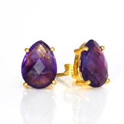 Purple Amethyst Teardrop Prong Set Stud Earrings : February Birthstone