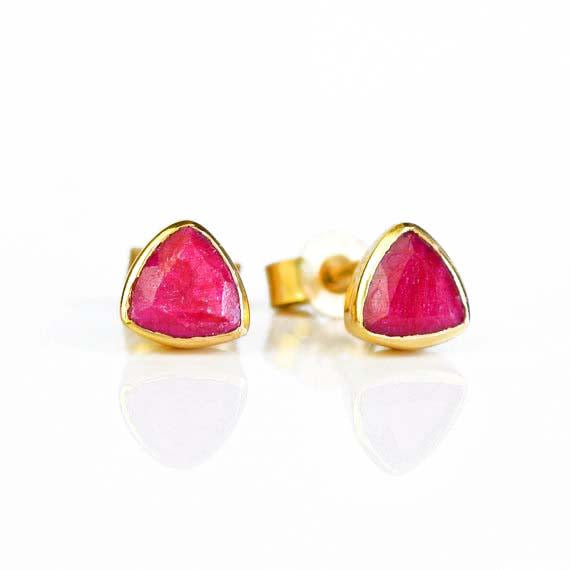 Small Dyed Ruby Triangle Studs, Everyday Earrings