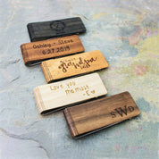 wooden money clip with custom monogram, name, or laser engraving text engraving or actual handwriting 6 Wood Color Options are available: walnut, Afromosia, Ebony, birch,mahogany, cedar.
Great personalized gift for him, husband, boyfrien, dad, or grandpa. Great gift for Christmas, Father's Day, Anniversary