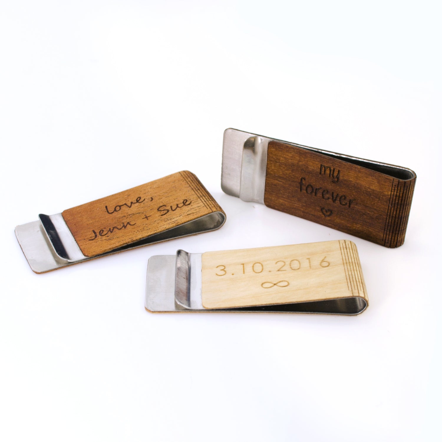 wooden money clip with custom monogram, name, or laser engraving text engraving or actual handwriting 6 Wood Color Options are available: walnut, Afromosia, Ebony, birch,mahogany, cedar.
Money clips can be engraved on front, back or both