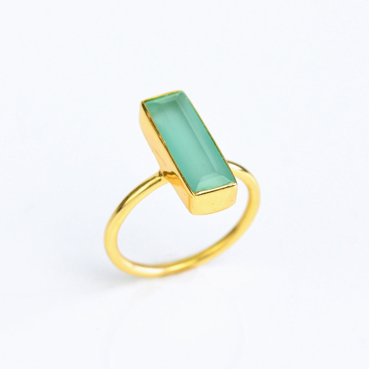 Adira Bar Birthstone Ring Vertical Rectangle Gemstone Ring Aqua Chalcedony Gemstone March Birthstone Yellow Gold Plated Ring