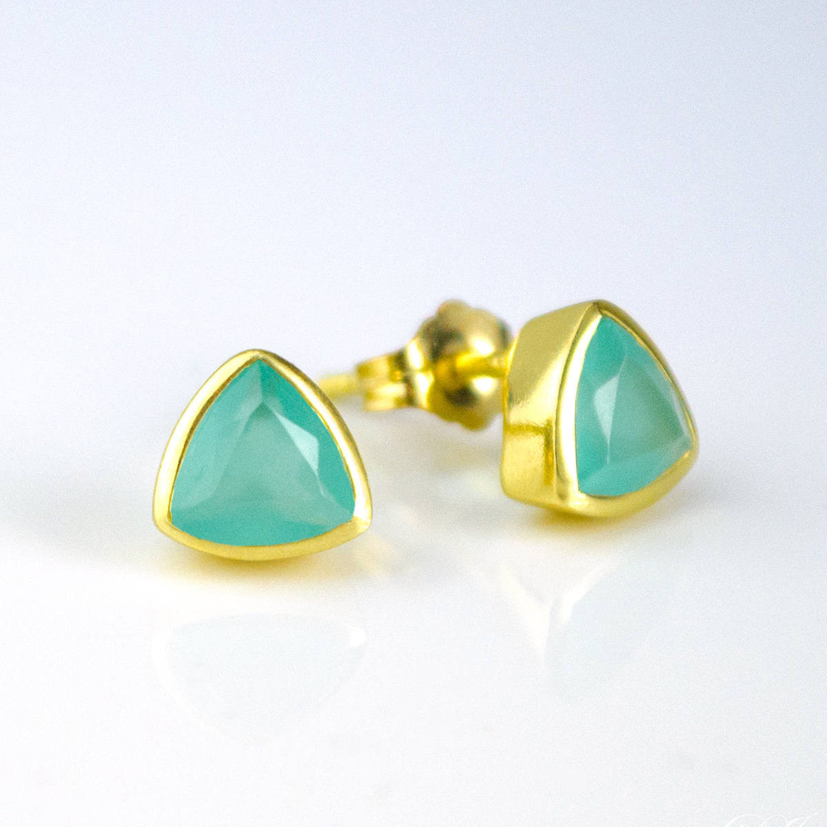 Small Aqua Chalcedony Triangle Studs, Everyday Earrings