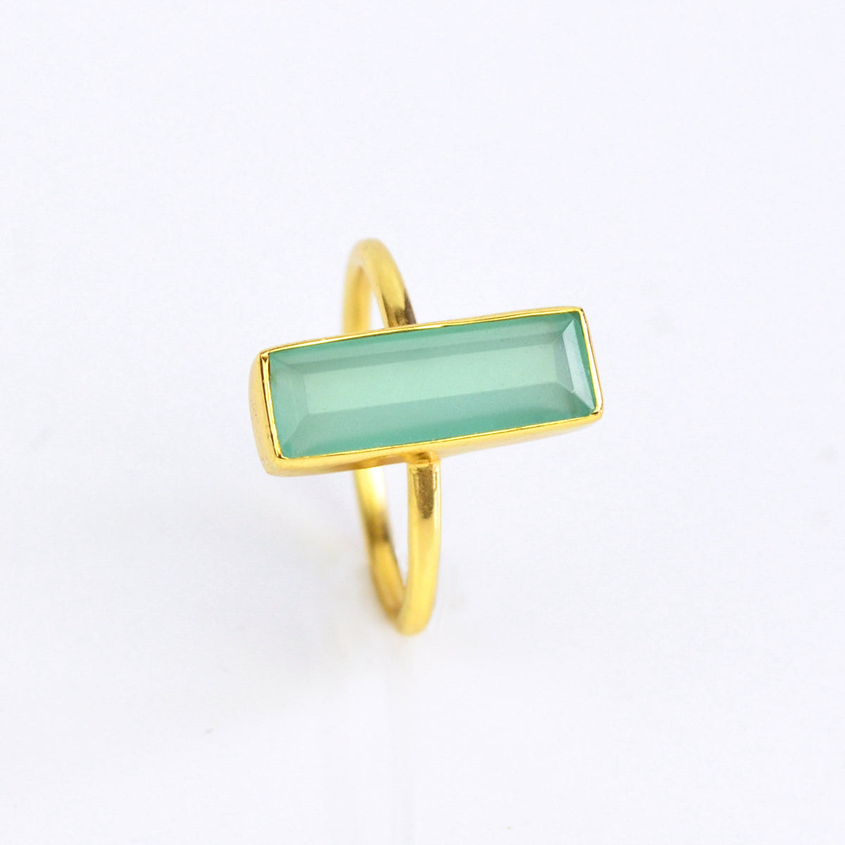 Yellow Gold Metal Ring Aqua Chalcedony Birthstone Vertical Bar Ring