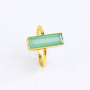 Yellow Gold Metal Ring Aqua Chalcedony Birthstone Vertical Bar Ring