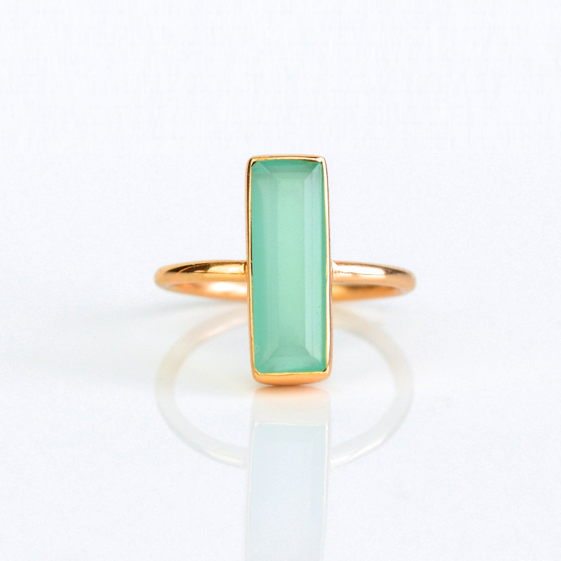 Rose Gold plated ring Aqua Chalcedony Bar Gemstone Ring March Birthday Gift for Her